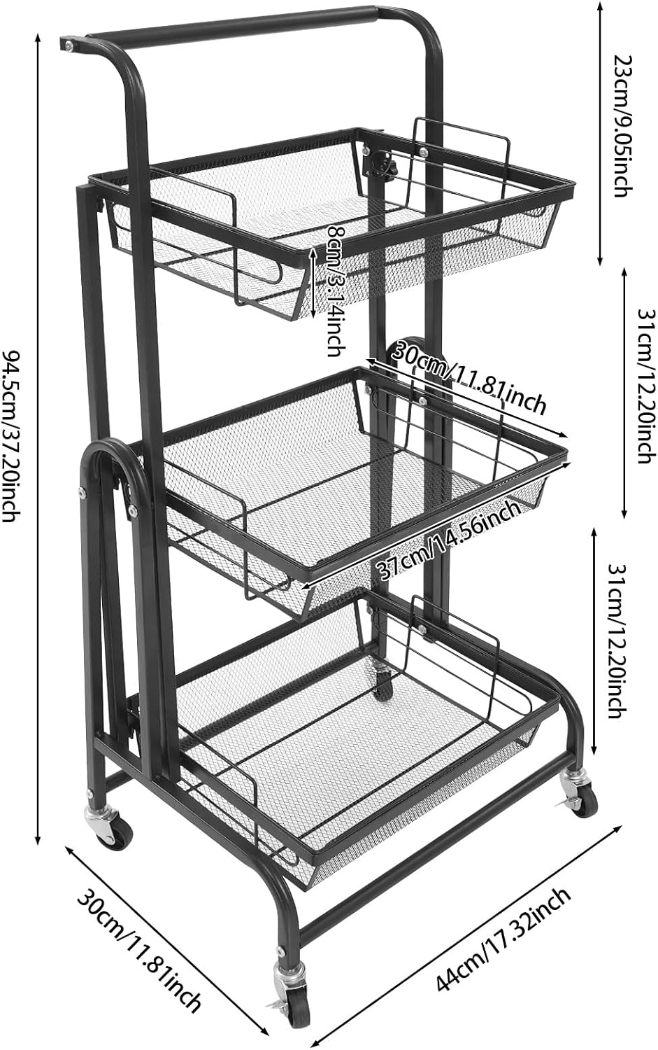 3-Tier Adjustable Metal Rolling Cart, 37.2in Multi-Purpose Storage Cart Movable Trolley with Wheel, 90° to 180°-Multi-Angle Adjustment for Kitchen, Office, Bathroom, Garden.