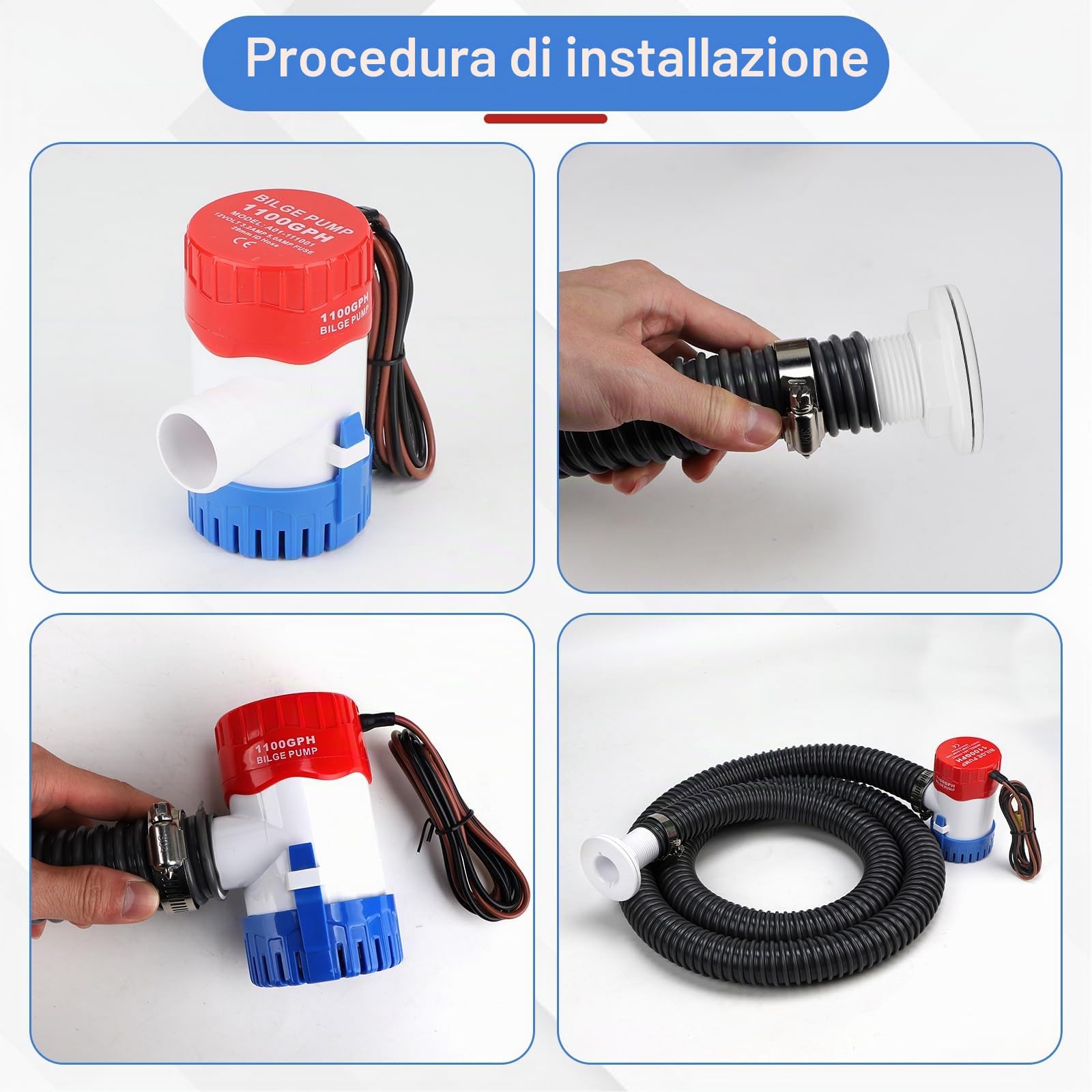 CPROSP Pompa di Sentina 12V 1100GPH con Tubo da φ29mm per Roulotte, Camper | Con 1 x 1,88M Tubo Grigio e 3 Morsetti Pompa D'Acqua Silenziosa; Barche da Pesca; Piccole Piscine e Fontane