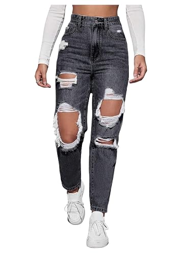 Floerns Women's High Waisted Distressed Jeans Straight Leg Casual Ripped Denim Pants - Large - Dark Grey