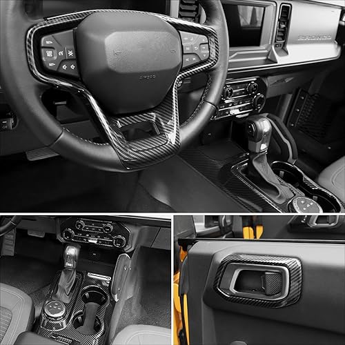 Miniatura 7 de RAZPOY Kit interior para Bronco 9 piezas, cubierta de panel de palanca de cambios, borde del volante, cubierta de manija interior de puerta