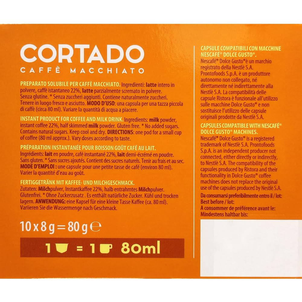 Ristora - 160 Cápsulas compatibles con Dolce Gusto, preparadas para bebidas con sabor a cortado, café Macchiato originales