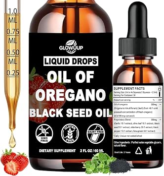 Oil of Oregano with Black Seed Oil Liquid Drops, High Carvacrol & Thymoquinone Aceite de Oregano, Oregano Oil Supplement for Immune & Gut Health, Fast Absorb Oregano Liquid Than Capsules2Fl Oz, Vegan