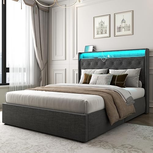 Miniatura 7 de Loomie Base de cama de elevación completa con estación de carga y luces LED, cama tapizada con cabecera de almacenamiento copetuda con botones,