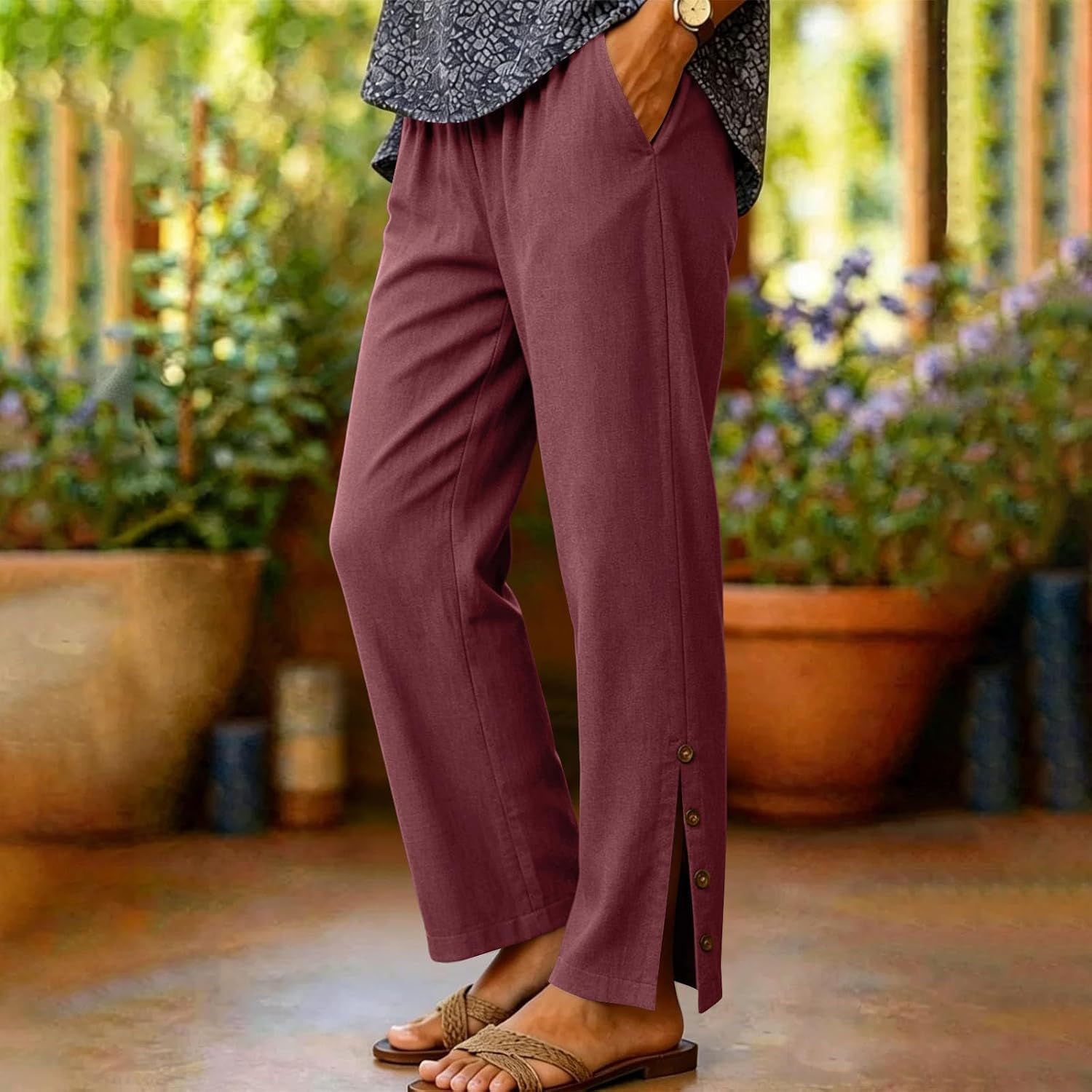 Linen Pants Women Straight Leg Business Pants Casual Dress High Rise Side Split Trendy Trousers with Pockets