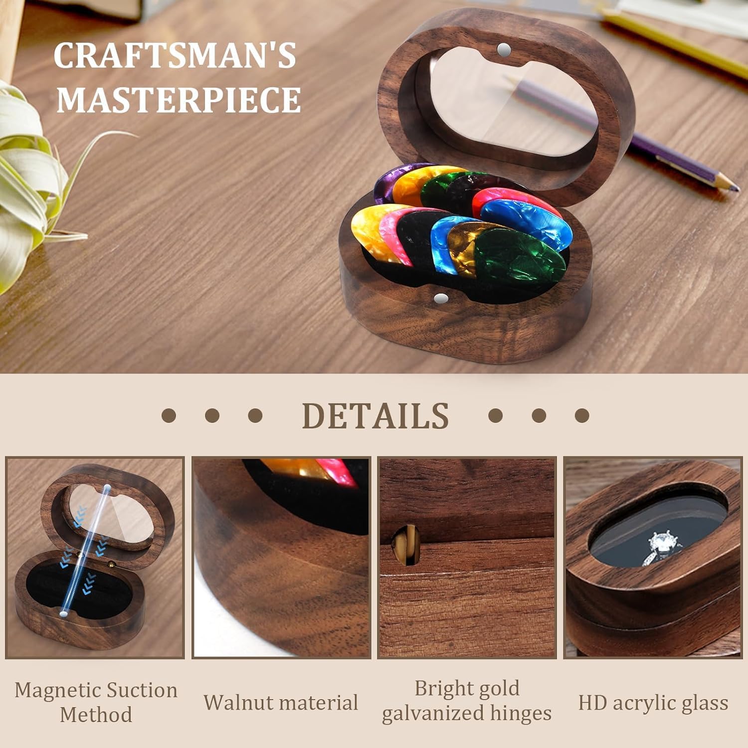 DoubleCare Walnut Guitar Pick Case Set including 12 Celluloid Picks in 3 Thicknesses, Mini Jewelry Box - Image 2