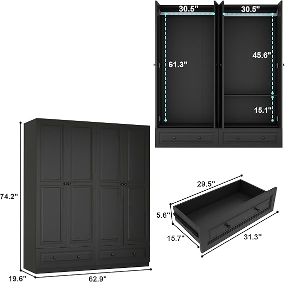 Black Armoire Wardrobe Closet with 2 Drawers: 75 H x 63 W