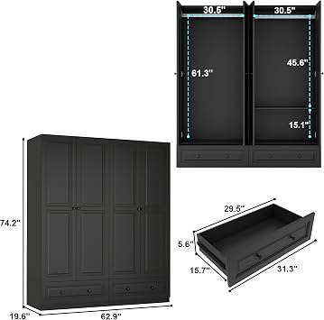 Black Armoire Wardrobe Closet with 2 Drawers: 75 H x 63 W