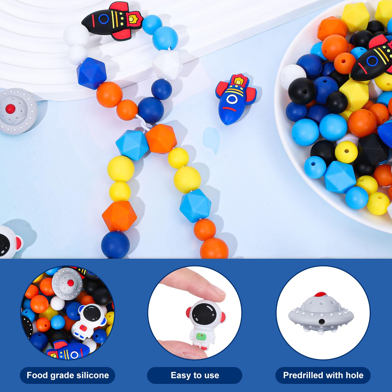 AnyDesign Lot De 96 Perles Rondes En Silicone Sur Le Thème De L'espace – Forme D'astronaute, Fusée, Vaisseau Spatial – 6 Couleurs – Perles D'espacement Rondes Pour Loisirs Créatifs, Bijoux, Colliers