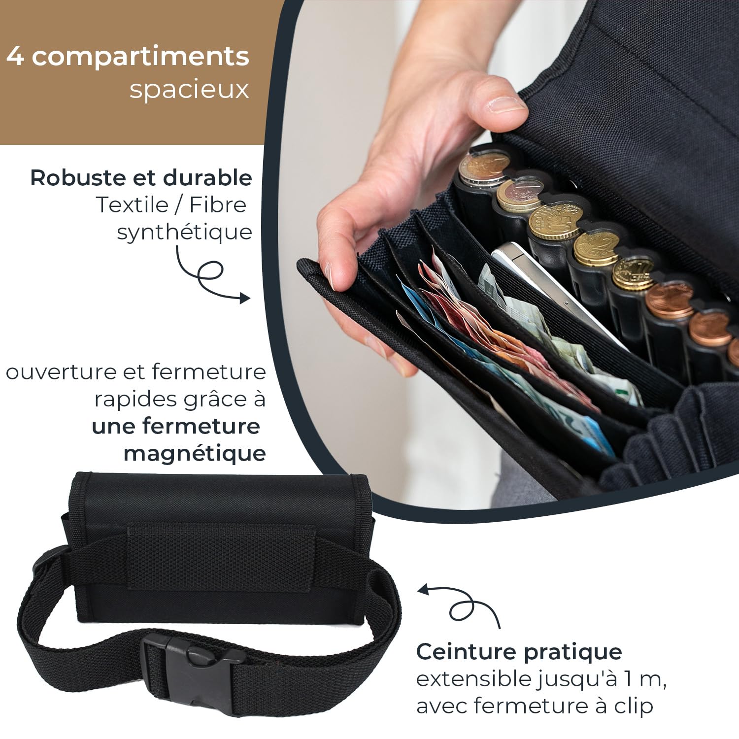 HMF Portefeuille Serveur avec Ceinture Réglable, Porte Monnaie avec Monnayeur Euro | pour Livreur, Chauffeur de Bus, Taxi | 20,5 x 10 x 6,5 cm | Noir