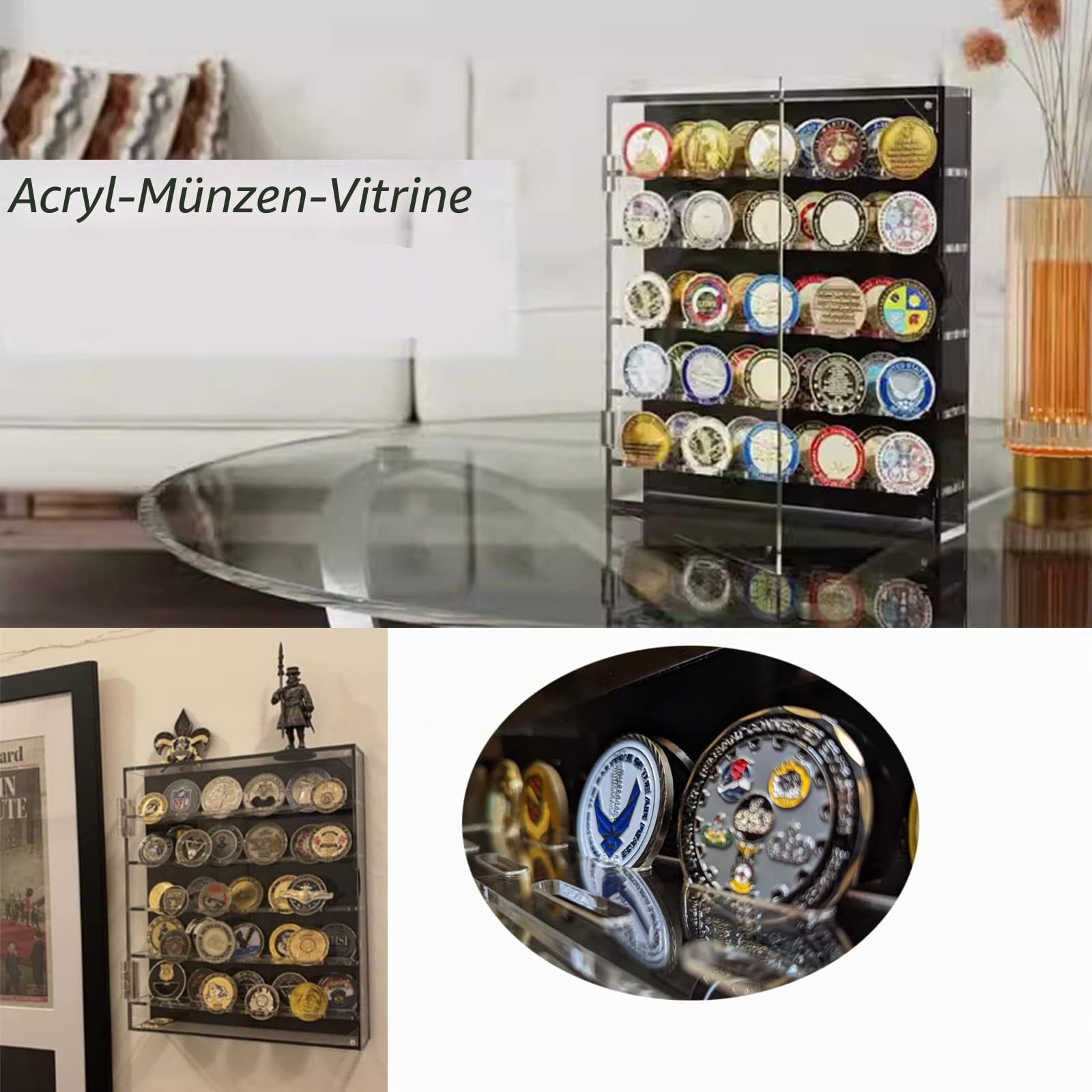 Challenge Münzvitrine，Münzhalter-Display, Herausforderungs-Münzdisplay, Militär-Münzhalter-Display, Acryl-Carmanon-Münzhalter, Münzbox für 45 Militärmedaillen-Poker-Chip、Anime-Münzen