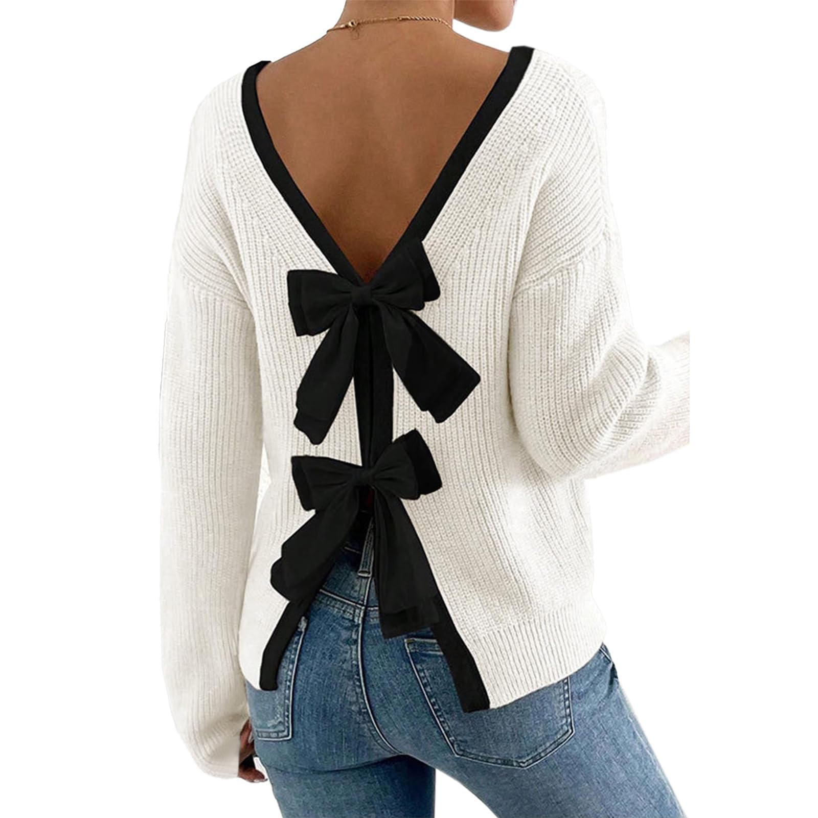Womens Ribbed Knit Sweater with Bow Open Back Long Sleeve Crewneck Backless Design for Holiday Party Casual Wear