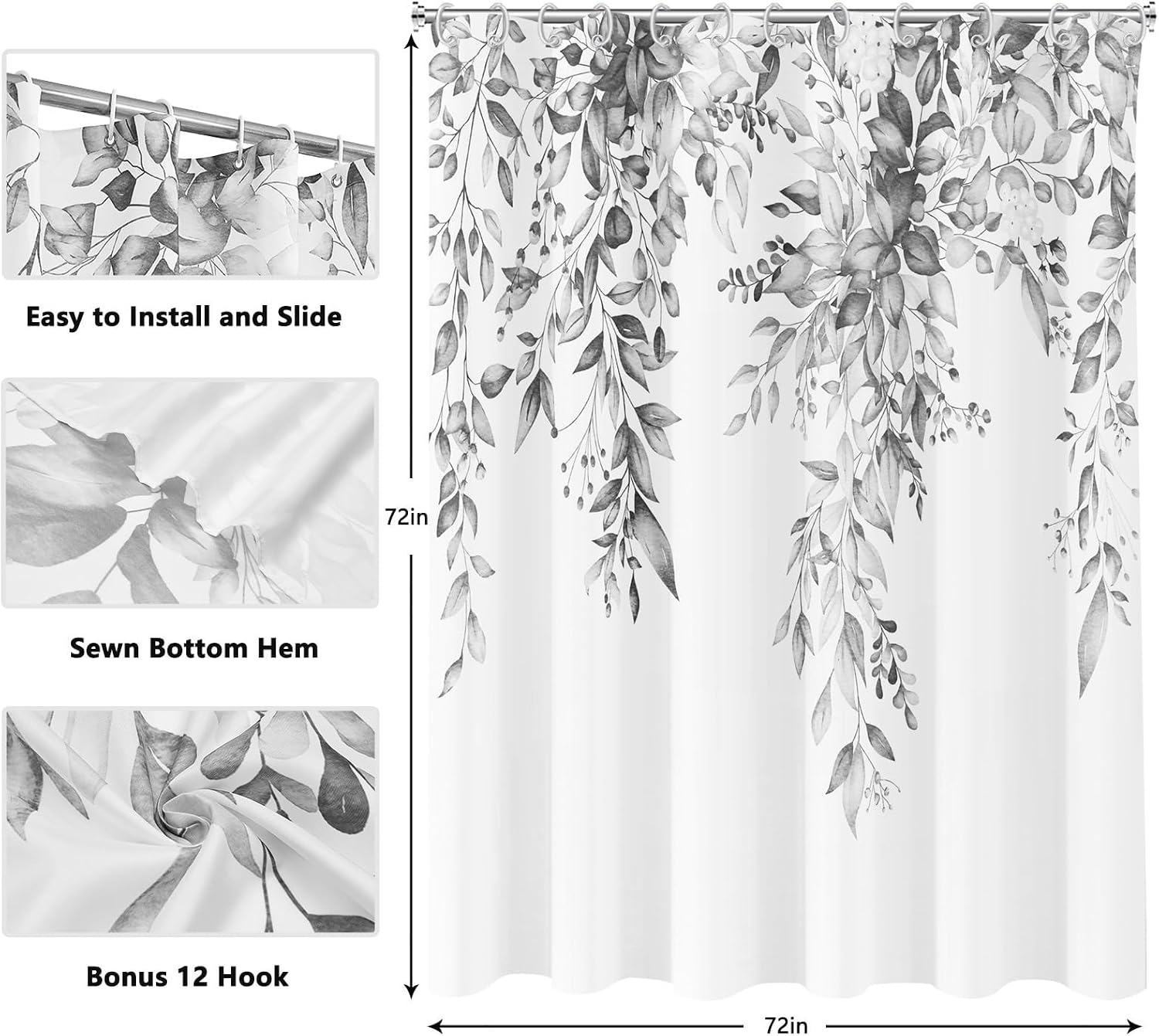 Grey Shower Curtain Gray Eucalyptus Shower Curtains for Bathroom Watercolor Gray Leaves Plants Floral Bathroom Bathtub Curtains Black and White Aesthetic Fabric Shower Curtain Sets 72x72 in with Hooks