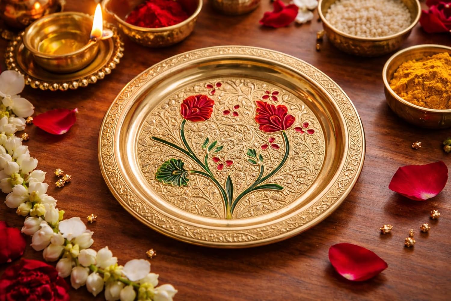 Small Decorative Brass Minakari work Plate Decorative Indian Prasad Plate Katori for Pooja Utensils Item Articles Indian Traditional Housewarming Festival Holi Karwachauth Pooja Decor(Size:-5")(Gold)