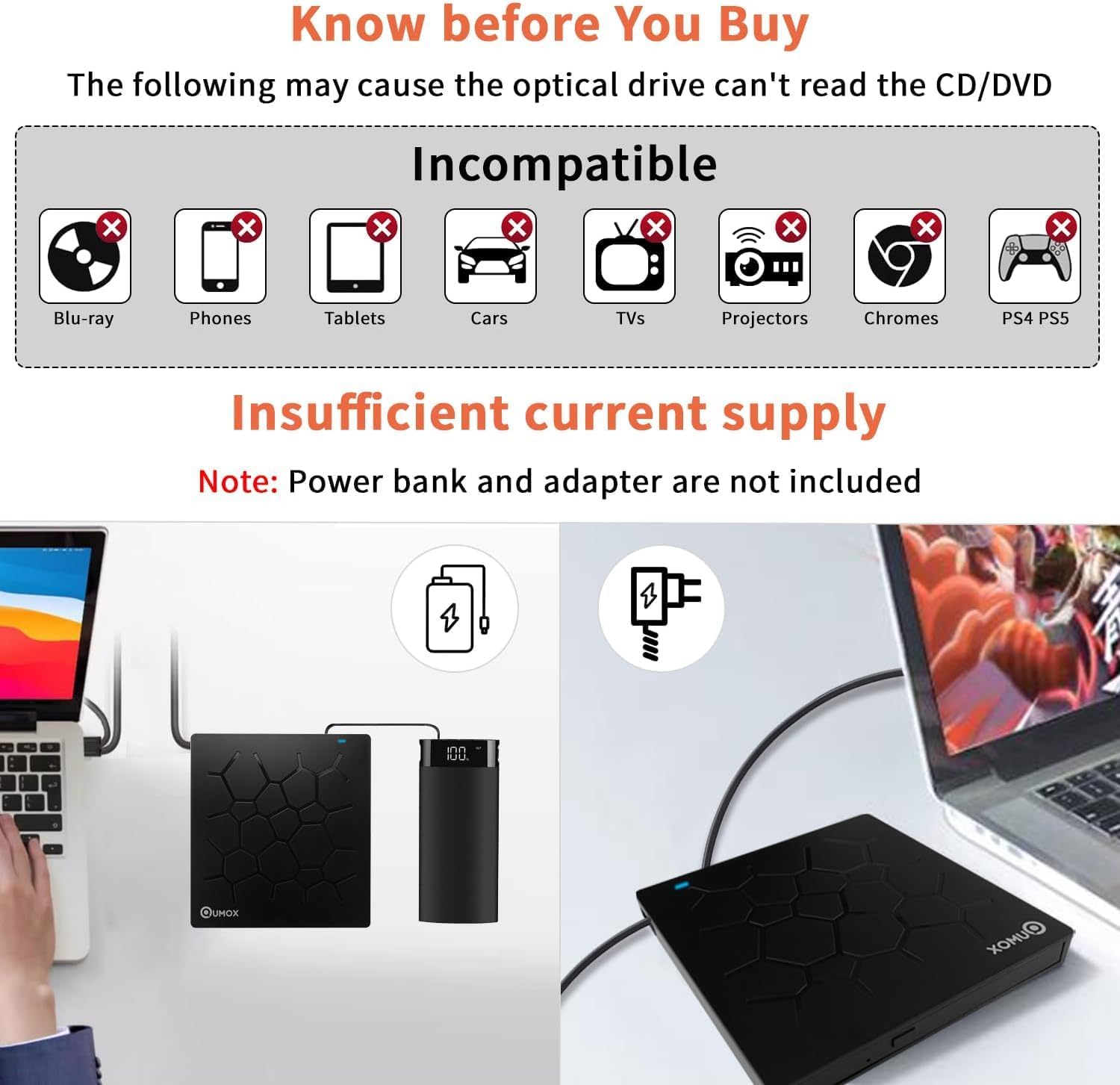 Image titled 'Know before You Buy' showing incompatible devices like Blu-ray, Phones, Tablets, Cars, TVs, Projectors, Chromes, PS4/PS5. Also illustrates insufficient current supply when not connected to a power source.