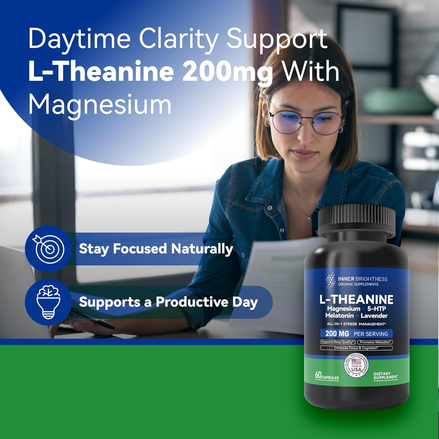 L Theanine 200mg, Magnesium, 5-HTP & Melatonin – All-in-1 L-Theanine Supplement for Stress Relief, Focus & Cognition, Sleep - 60 Capsules