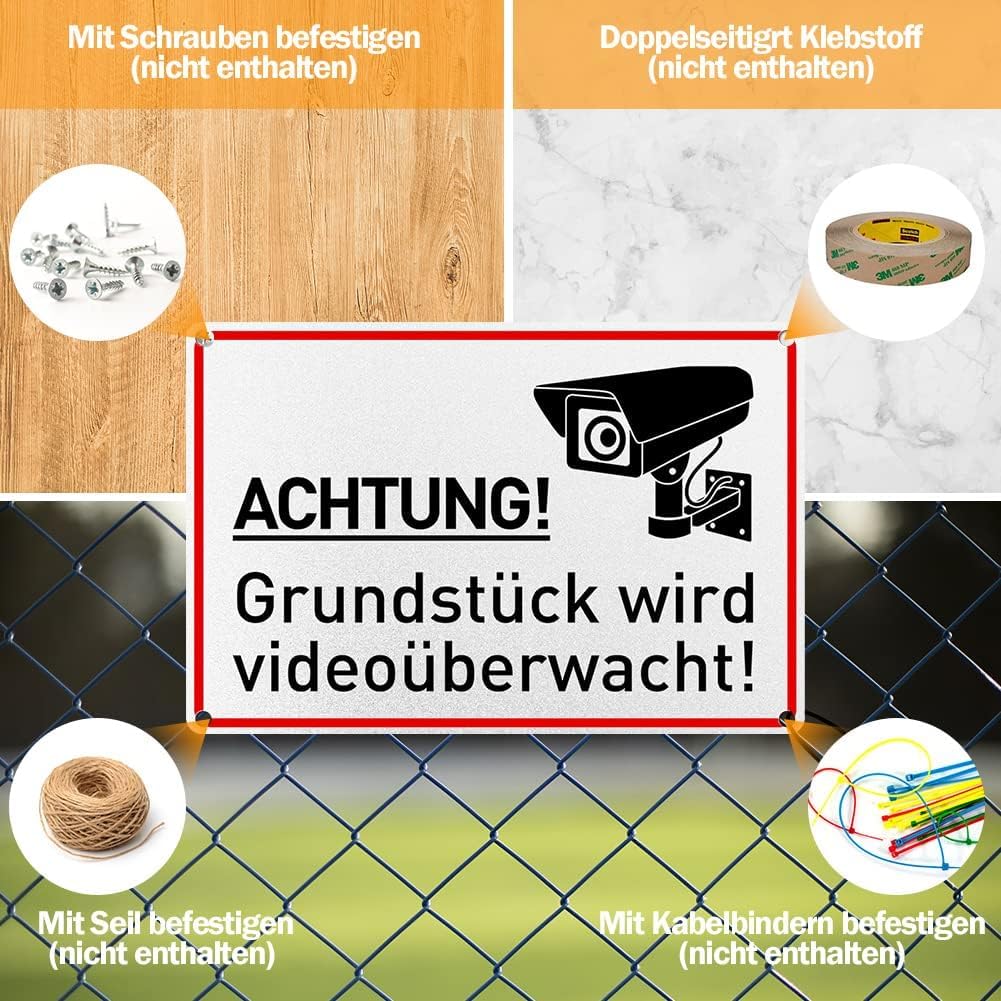 Videoüberwachungsschild Aluminium – 4 Stück, 20x30 Cm, Wasserdicht, Reflektierend (für Haus & Geschäft, Innen/Außen)
