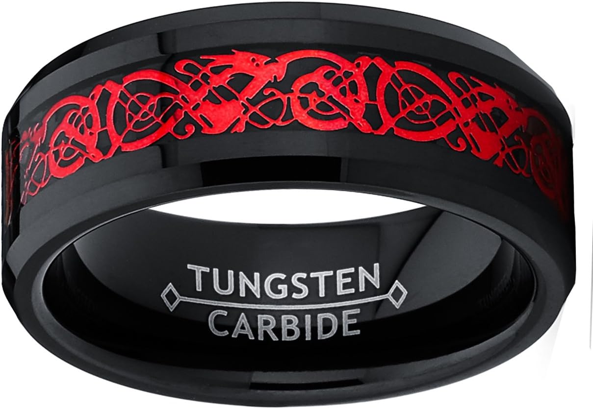 Metal Masters Men's Co. Black Tungsten Carbide Red Dragon Ring Wedding Band Black Carbon Fiber Comfort Fit