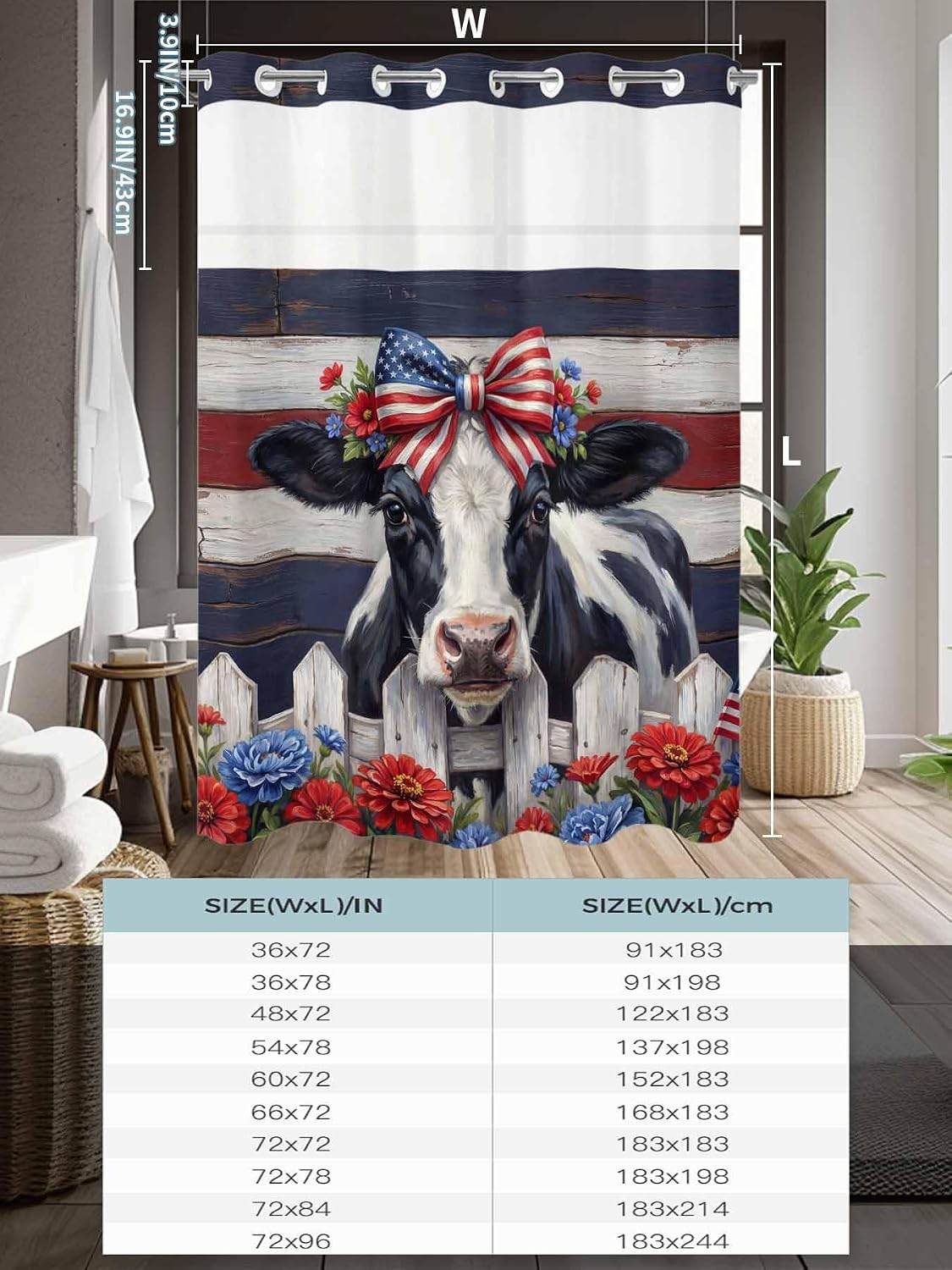 Independence Day Cow No Hook Shower Curtain with Snap in Liner 4th of July Farm Red Blue Star Bow Flowers Shower Curtain for Bathroom, Fabric Waterproof Inner Liner with Mesh Top Window, 66x72