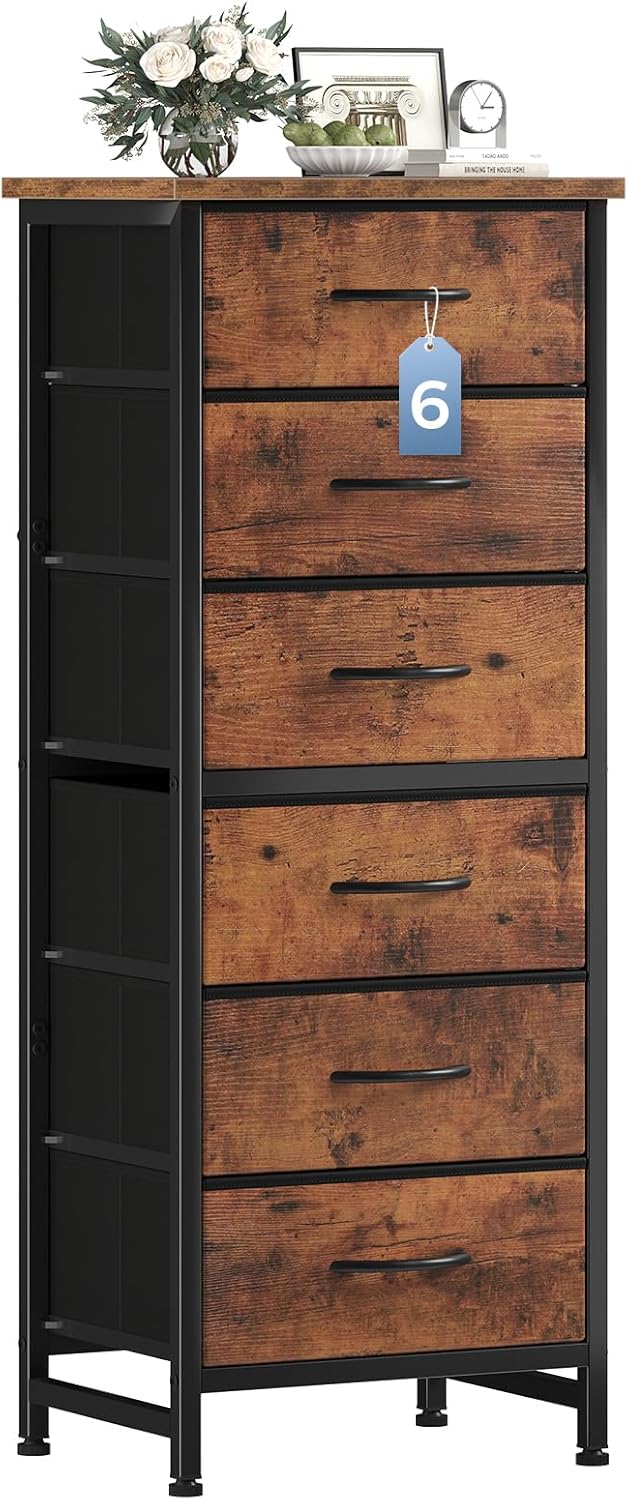 DUMOS 6 Drawers Dresser for Bedroom with Wheels, Fabric Storage Cabinet Organizer with Removable Fabric Bins, Sturdy Steel Frame for Living Room, Office, Entryway, Closets, Brown