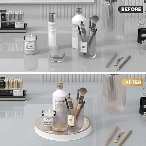 Miniatura 8 de Bandeja pequeña dorada y blanca de 10 pulgadas, bandeja redonda de metal ligero para baño, portavelas para decoración de sala de estar