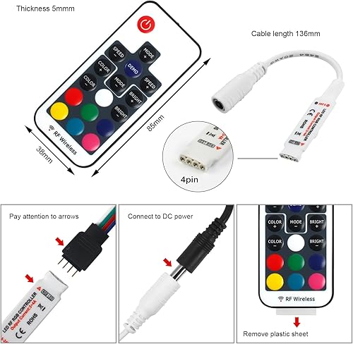 Miniatura 2 de VIPMOON Controlador LED remoto inalámbrico RF de 17 teclas DC 5V/12V/24V 12A Mini controlador RGB de 4 pines para 5050 3528 5630 luces de tira LED