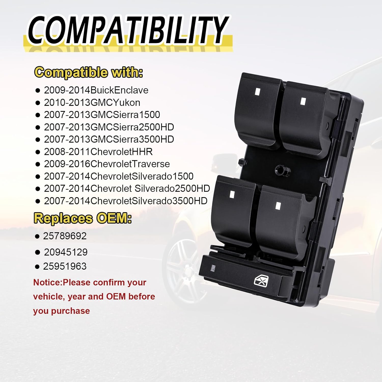Vurkcy Master Power Window Control Switch Compatible with 2007-2016 GMC Acadia Replace OEM 20945224 901-990 Front Left Driver Side Button, Red Light