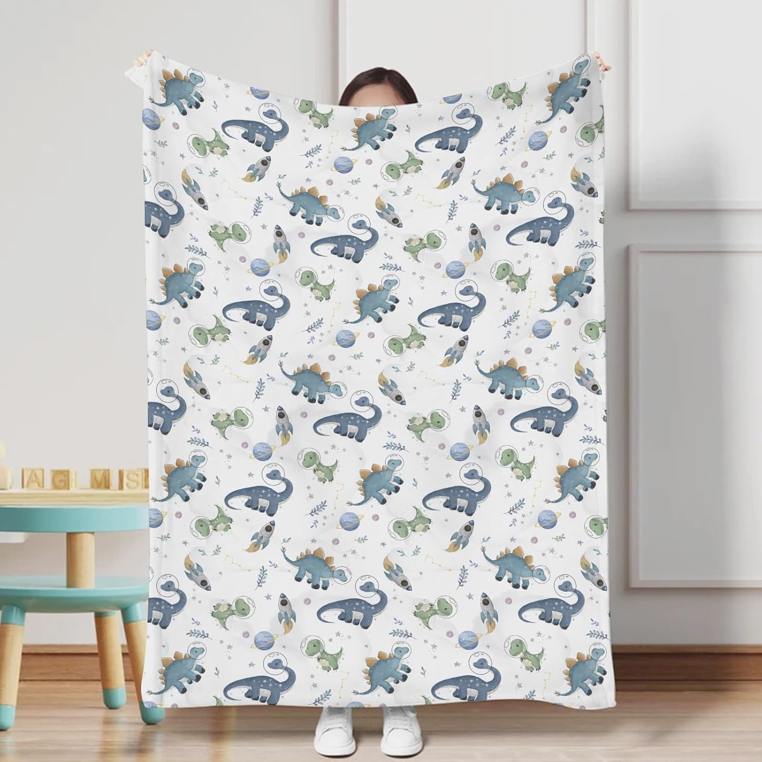 Watercolor Space Dinosaurs Baby Blanket for Boy Girl Dinosaur Rockets Planet Stars Leaves Flannel Swaddle Blanket Soft Receiving Blankets Newborn Toddler Nursery Crib Bedding Blanket 40x50