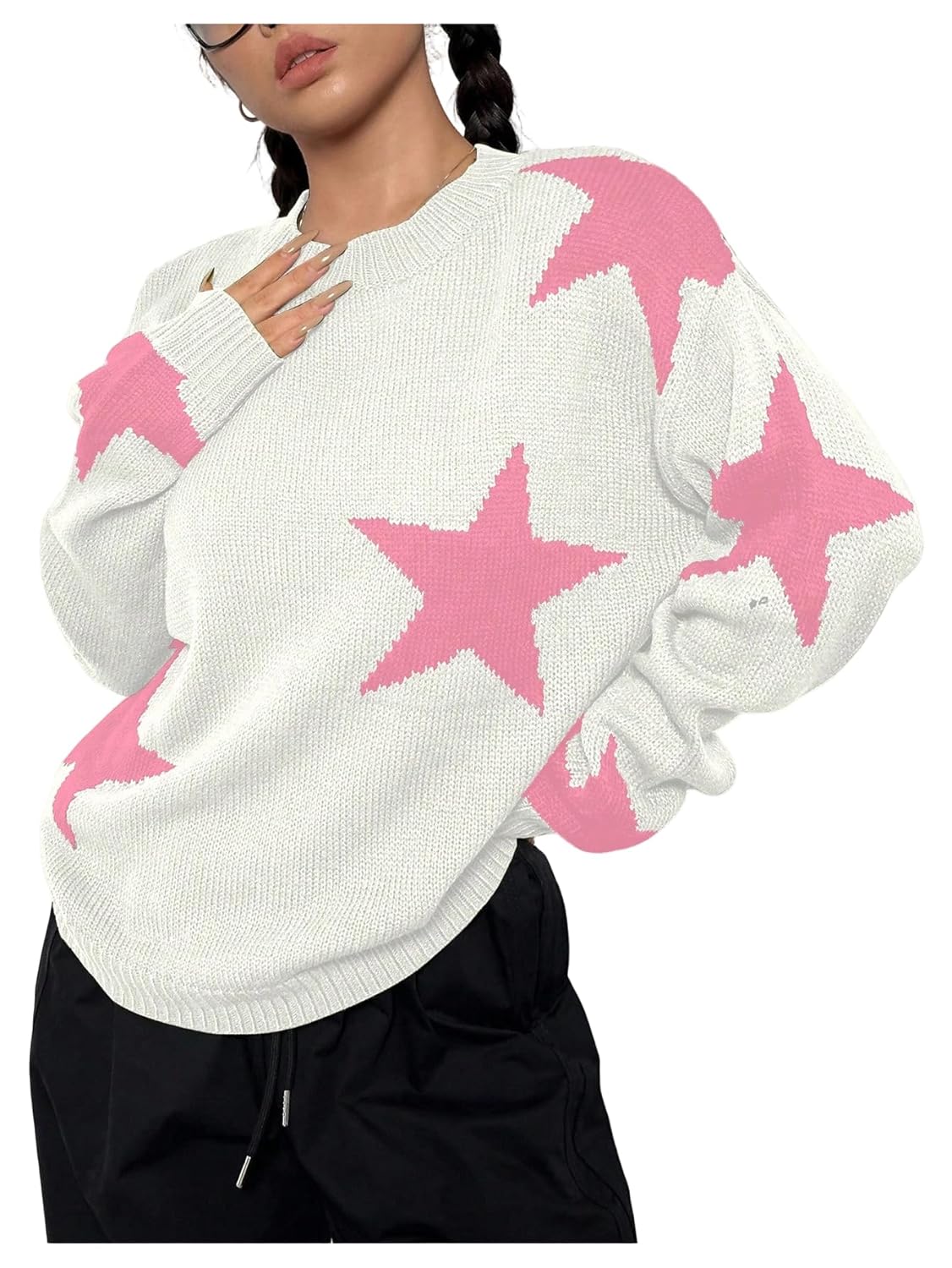 SOLY HUX Womens Y2k Graphic Baggy Sweater Star Print Long Sleeve Crewneck Knitted Pullover Tops