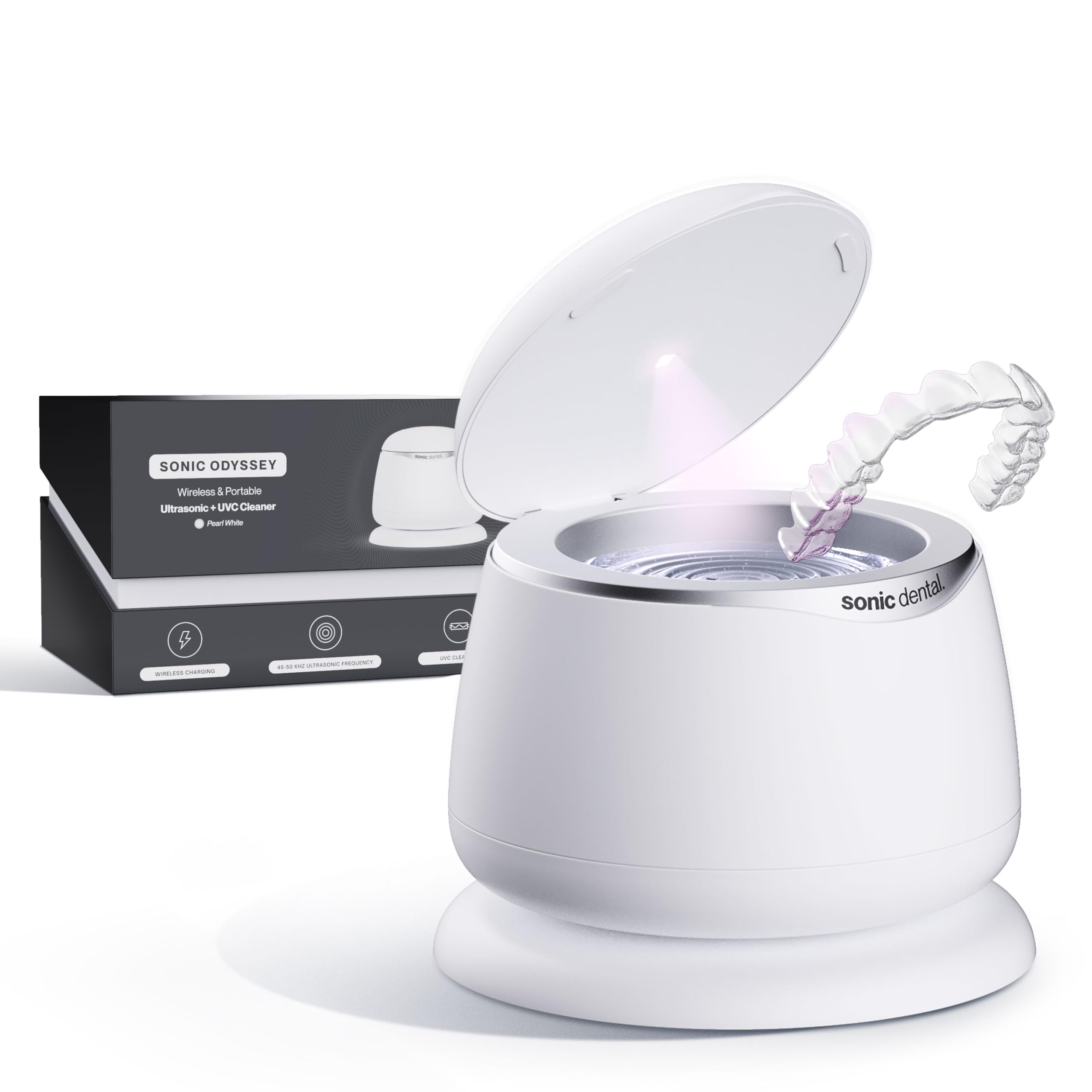 Sonic Odyssey Portable Wireless Ultrasonic Cleaner for Aligners Retainers Dentures Mouthguards Multi-Frequency Clean 45 50 kHz 3 5