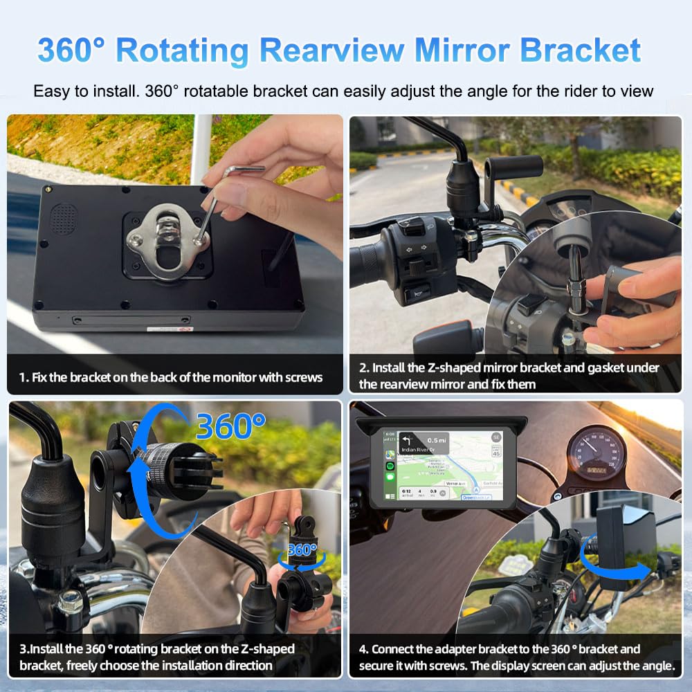 VSYSTO 5 Pollici motocicletta Carplay Touchscreen, Wireless Carplay e Android Auto,Navigazione GPS,sensori di pressione pneumatici,WiFi motocicletta Dash Camera 1080P fotocamera anteriore e posteriore