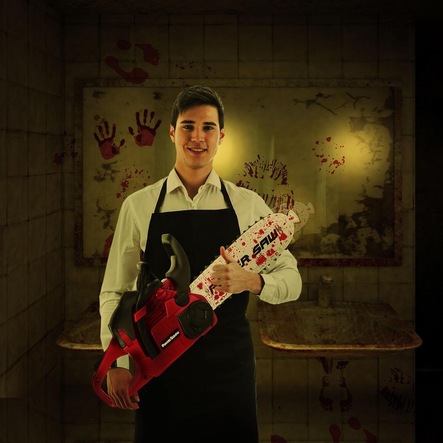 Liliful Halloween Chainsaw Prop and Halloween Aprons Set Rusty Electric Chainsaw Halloween Butcher Apron Battery Operated Fake Chainsaw with Motion Sound Effects for Adults