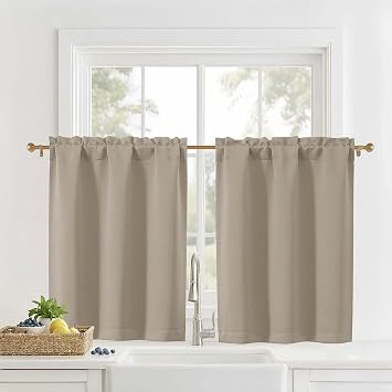 OVZME Short Curtains 36 Inch Length - Solid Fabric Light Filtering Kitchen Curtains, Dual Rod Pocket Small Curtains for Cabinet RV Camper, Biscotti Beige, 2 Panels, Each 30Wx36L