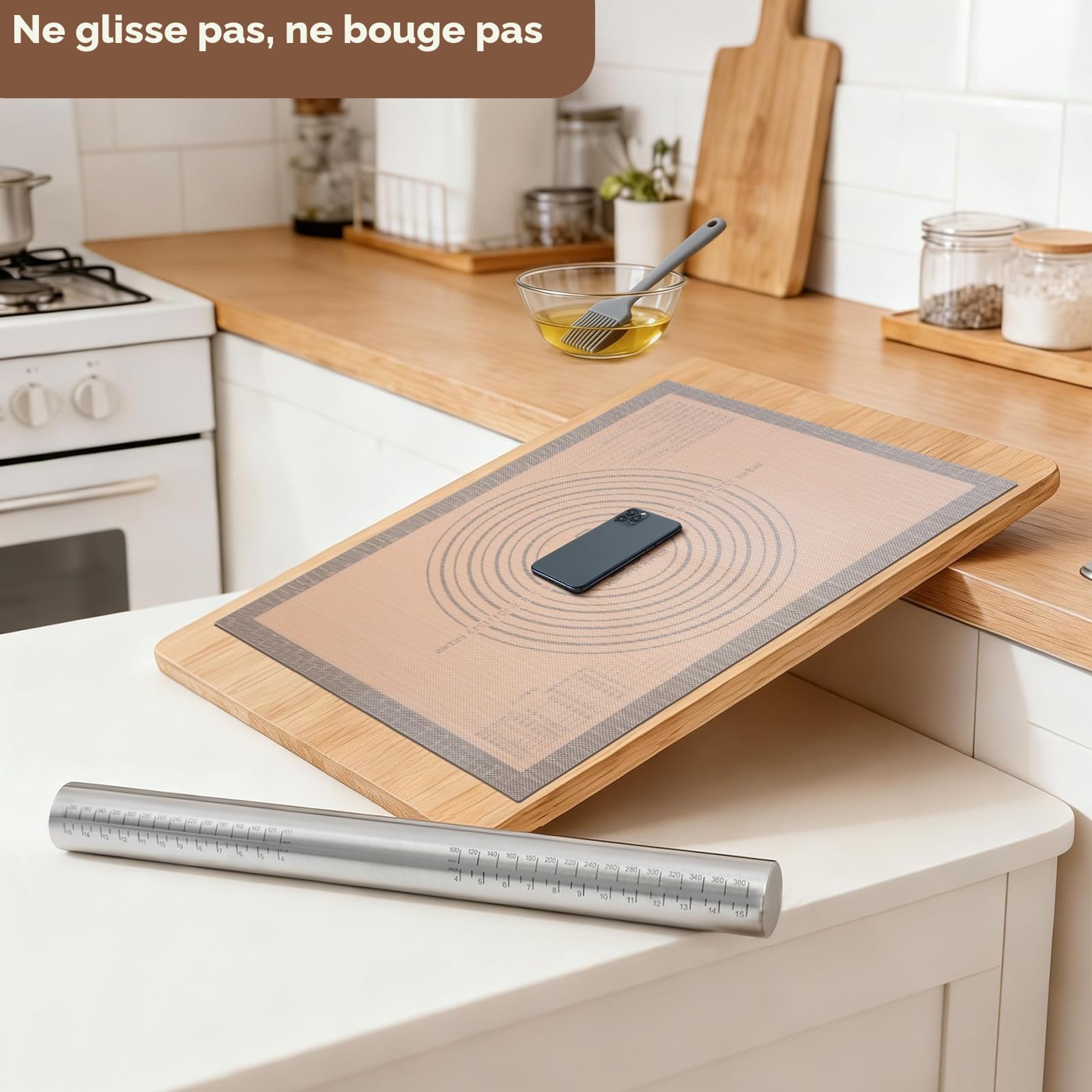 SUPER KITCHEN Rouleau à Pâtisserie Ajustable en Acier Inoxydable Avec 5 Anneaux Réglables, Tapis de Cuisson Tapis à Pâtisserie en Silicone Antidérapant 50x40 cm, Pour Pâtisserie, Pizza (Gris)