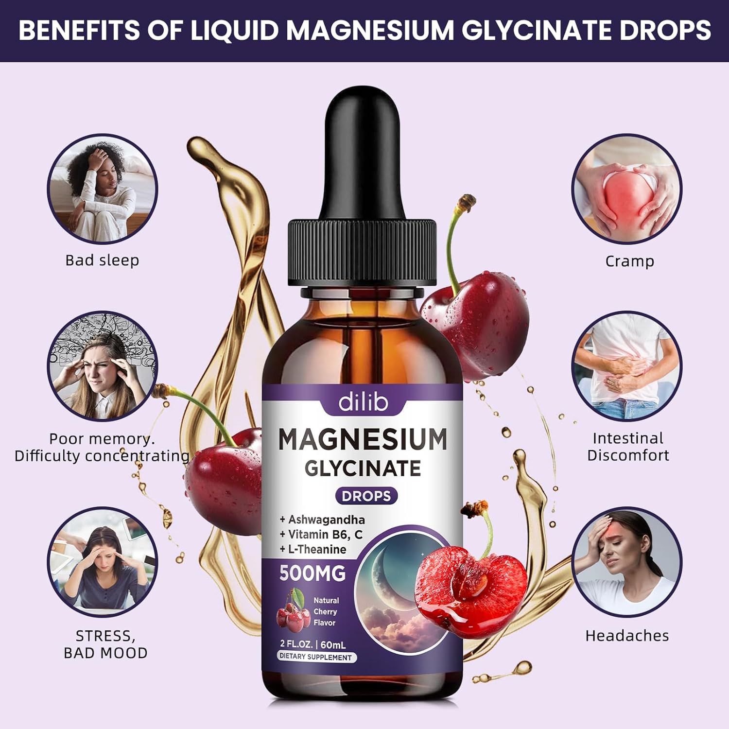 (2 Pack) Magnesium Glycinate Liquid Drops 500mg, with Vitamin B6, Ashwagandha, L - Theanine, Chamomile, Magnesium Glycinate Supplement High Absorption for Sleep, Stress, Energy Mood - Cherry Flavor