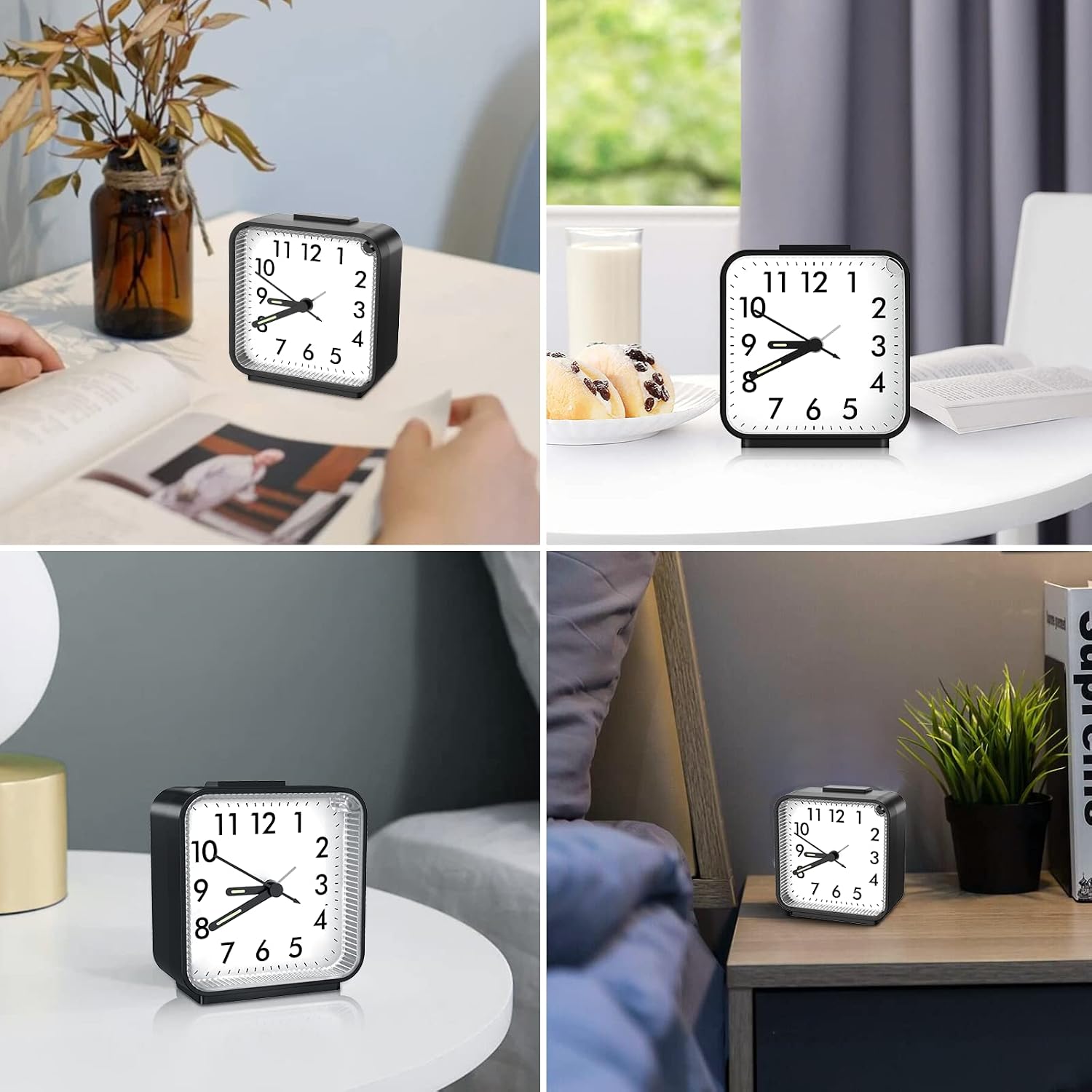 Analog Alarm Clock, Bedside Clocks Battery Powered, Silent Non Ticking Travel Clock with Night Light, Snooze, Easy Set, Clock for Heavy Sleepers Kids Elder Travel Bedroom Office