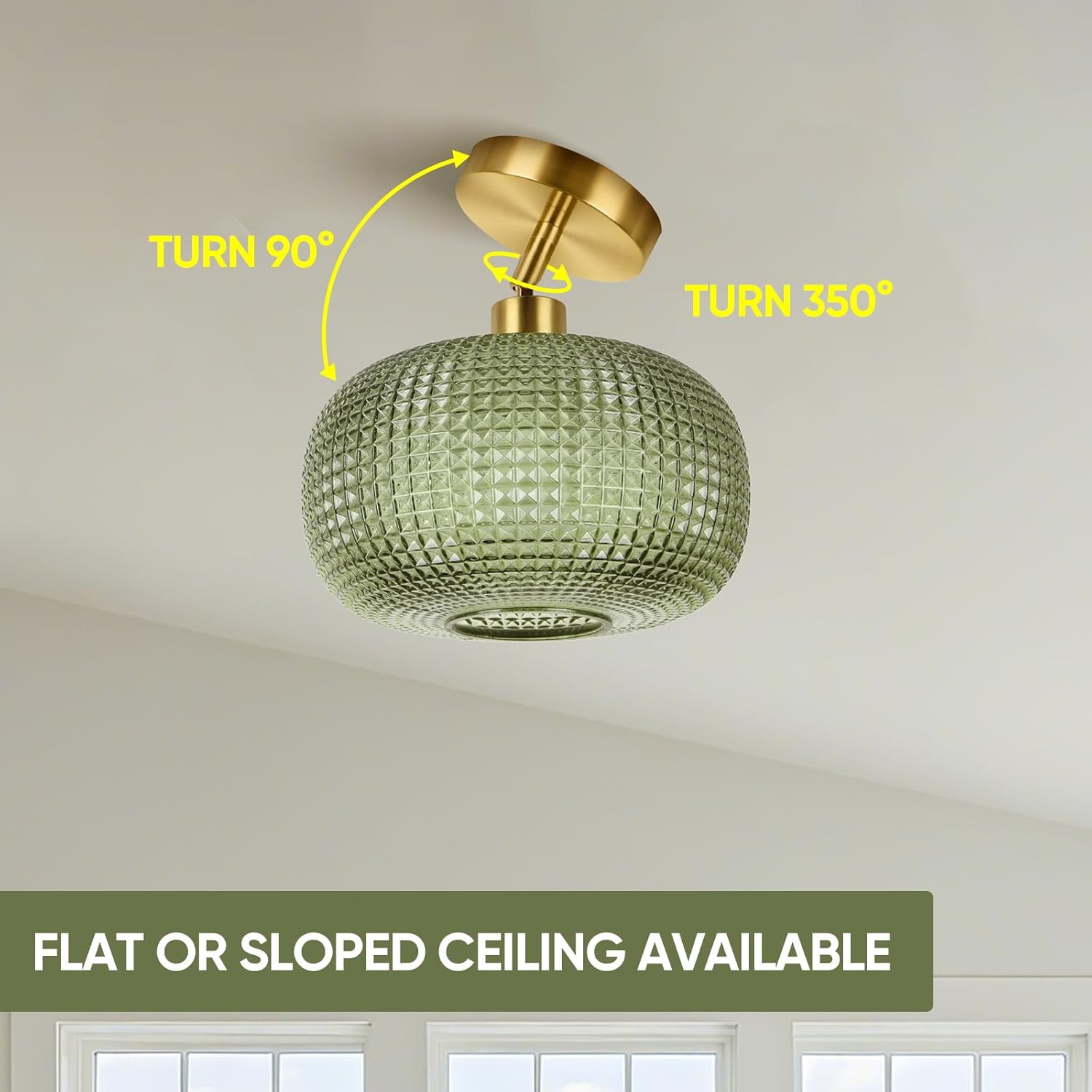 ROTTOGOON Semi Flush Mount Ceiling Light, Adjustable Hanging Gold Sloped Ceiling Lights with Green Glass Shade Vintage Hallway Light Fixtures for Kitchen Bathroom Entryway Bedroom (Bulb Not Included)