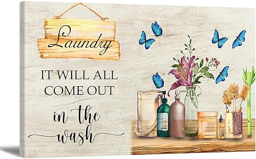 BOUHES Arte de pared rústico para lavandería, horario de lavandería, reglas divertidas, decoración de pared, granja, flores, mariposas, pintura,