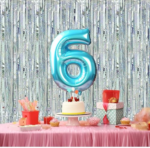 Miniatura 5 de Paquete de 2 cortinas de flecos de papel de oropel plateado, telón de fondo de flecos de papel de aluminio con purpurina de 3.2 x 8.2 pies, telón