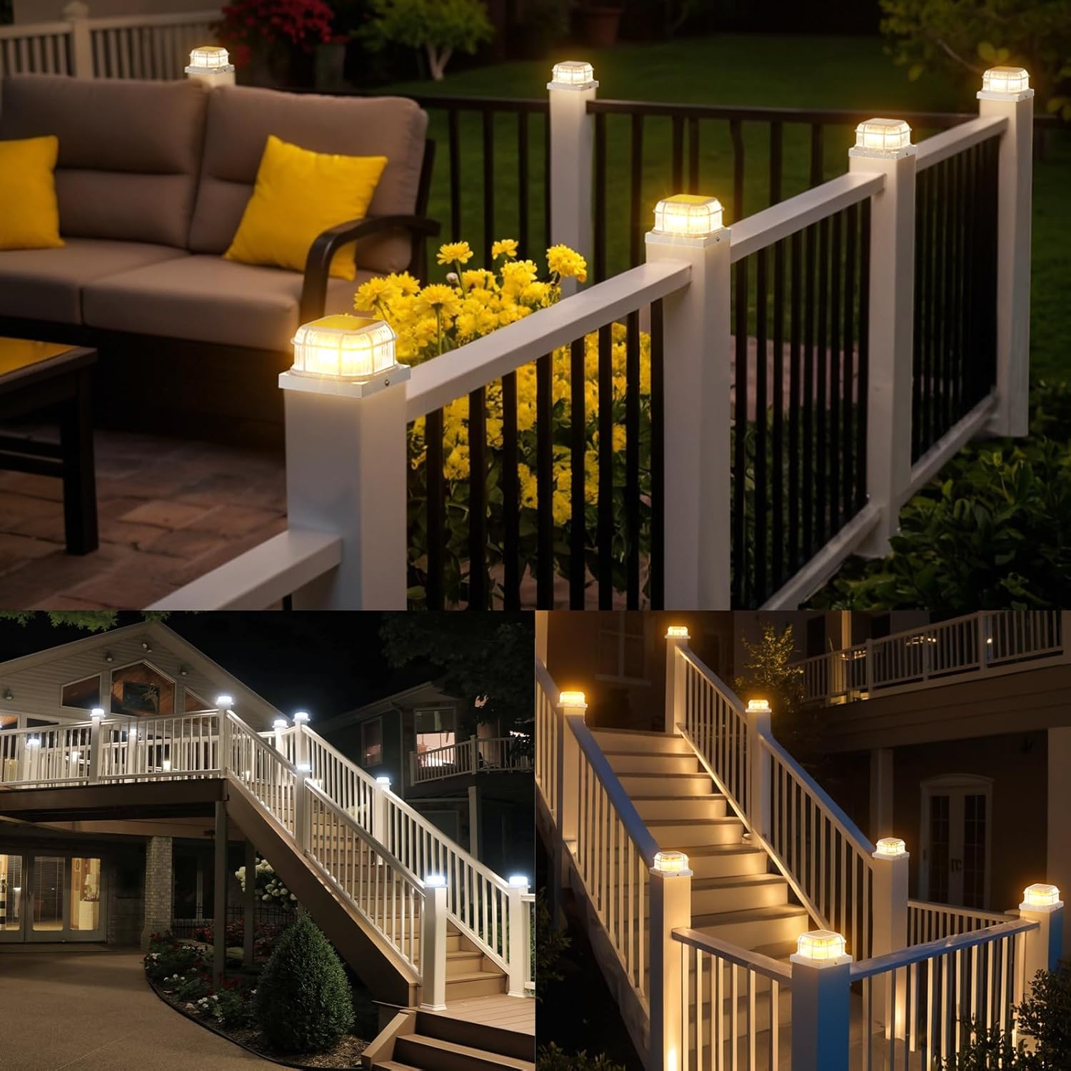Solar Post Light 4 Packs with 4x4, 5x5 and 6x6 Inches Base for Vinyl/Wooden Posts, Bright 16 LEDs Solar Cap Lights with Two Light Modes for Decorating Deck, Patio, Porch, Fence (White)