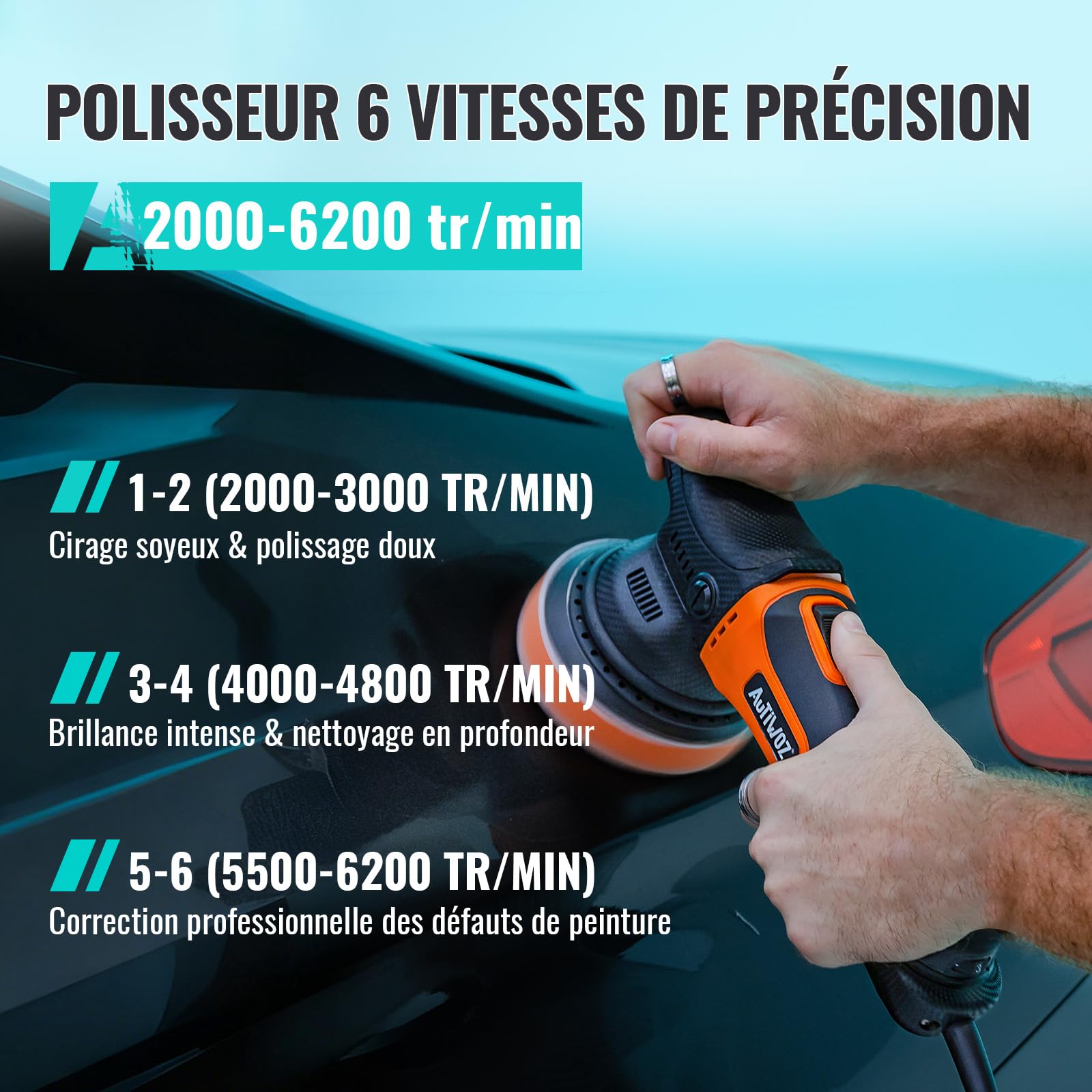 AUTIWOZ 630W Auto Polisseuse Orbitale 9mm,125mm Kit de Machine à Polir | Polisseuse Voiture Compacte Avec 6 Vitesses Variables (2000-6200 tr/min), Pour Automobile,Cirage,Lustrage,Polir,Ponçage - W01