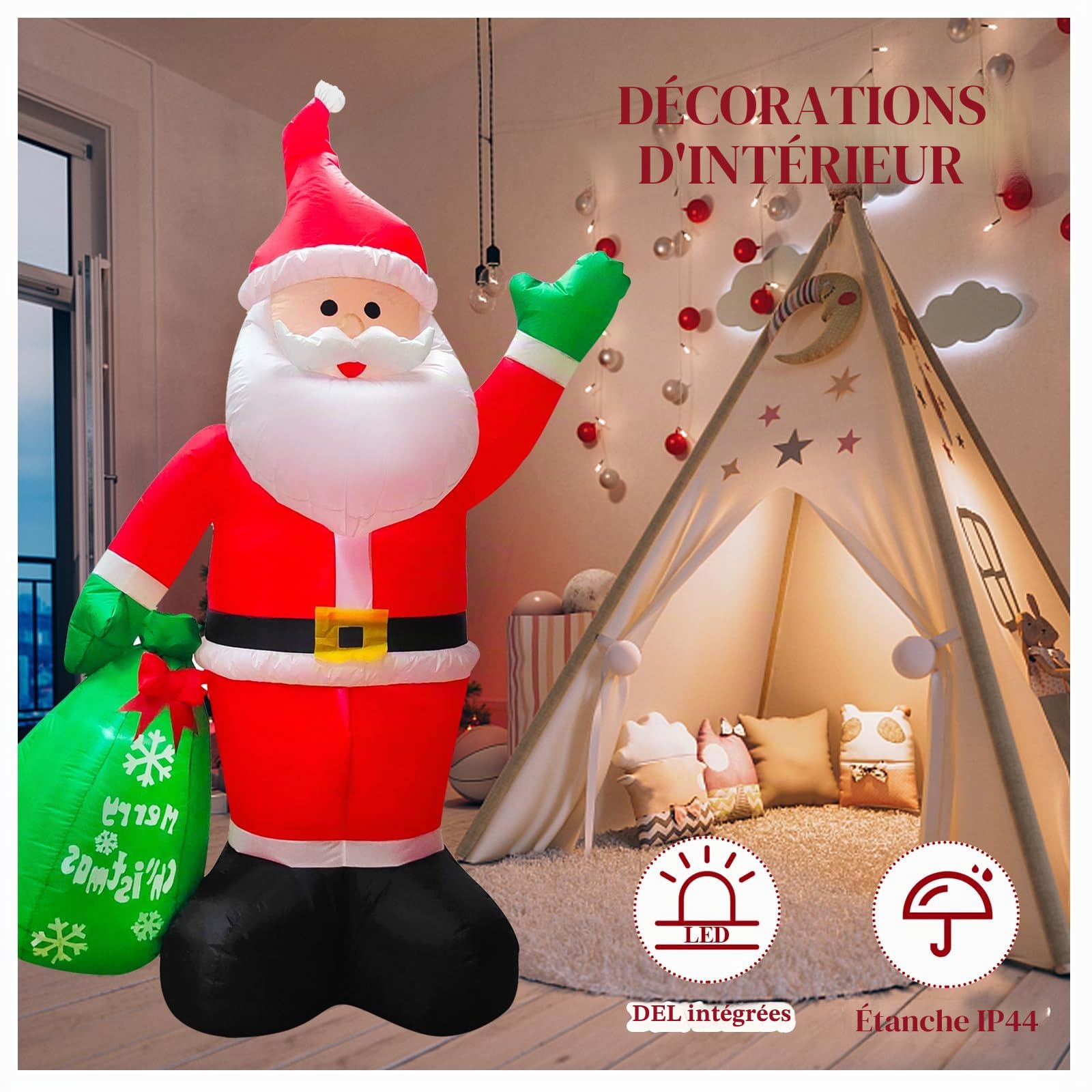Père Noël gonflable LED - 245 cm - Décoration Noël - IP44 - Étanche - Cadeaux - Éclairage intérieur/extérieur - Jardin, pelouse, cour
