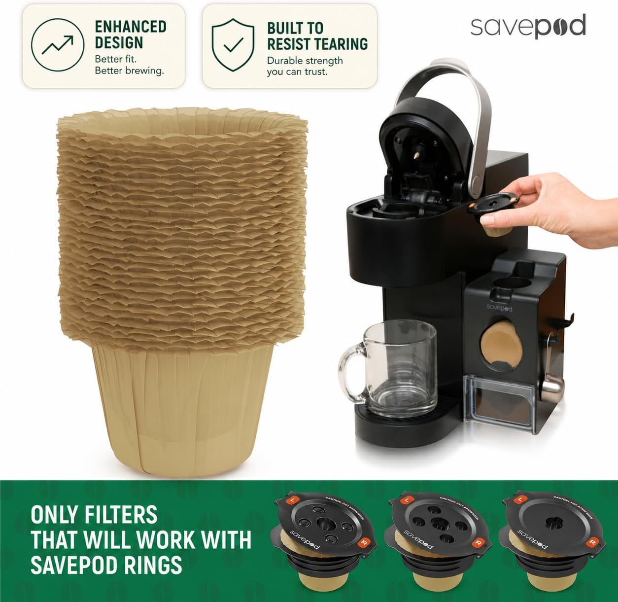 Savepod Unbleached Coffee Filter for Savepod, Burst Resistant, 100 Count