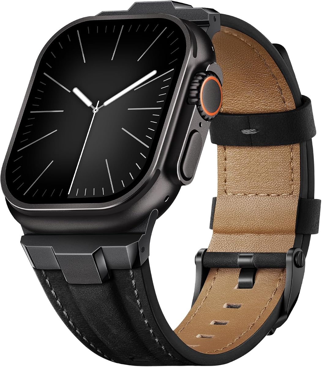 Leather Band Compatible for Apple Watch Ultra Band 49mm 46mm 45mm 44mm 42mm 41mm 40mm, Genuine Leather Replacement Strap for iWatch series 11 10 9 8 7 6 5 4 3 2 1, SE 3 2 1, Ultra 3 2 1