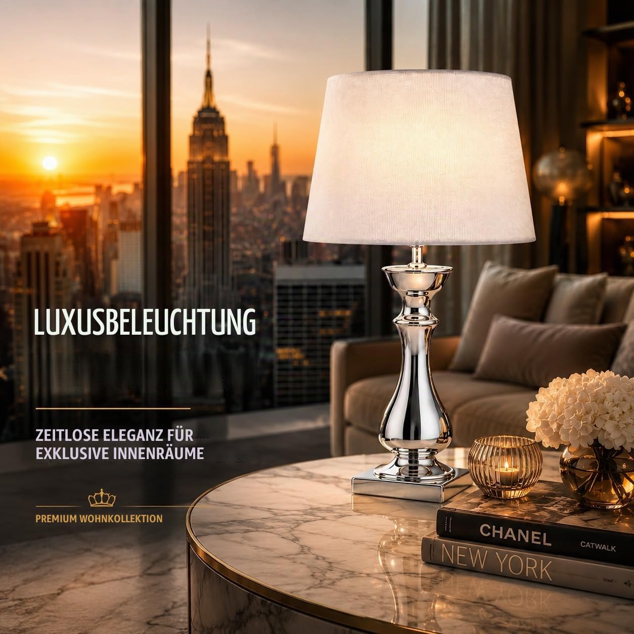 Tischlampe Silber Keramik 60 cm mit Weißem Stoffschirm – Nachttischlampe Schlafzimmer, Moderne Tischleuchte Wohnzimmer, E27 Tischleuchte mit Kabelschalter, Dekolampe, Leselampe für Büro & Flur