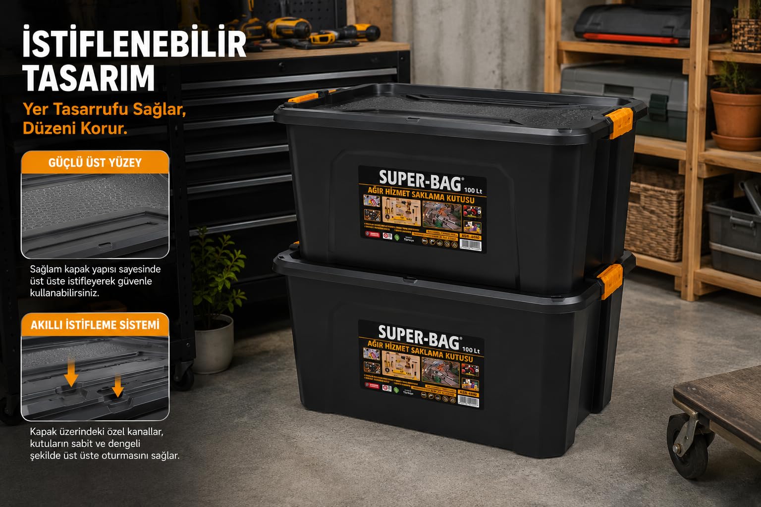 Super Bag 100 L Kapaklı Saklama Kutusu, Ağır Hizmet Plastik Depolama Kutusu, Çok Amaçlı Eşya Düzenleme ve Saklama Kabı, Darbeye Dayanıklı, Ev Garaj Depo Kullanımı, ASR-4040