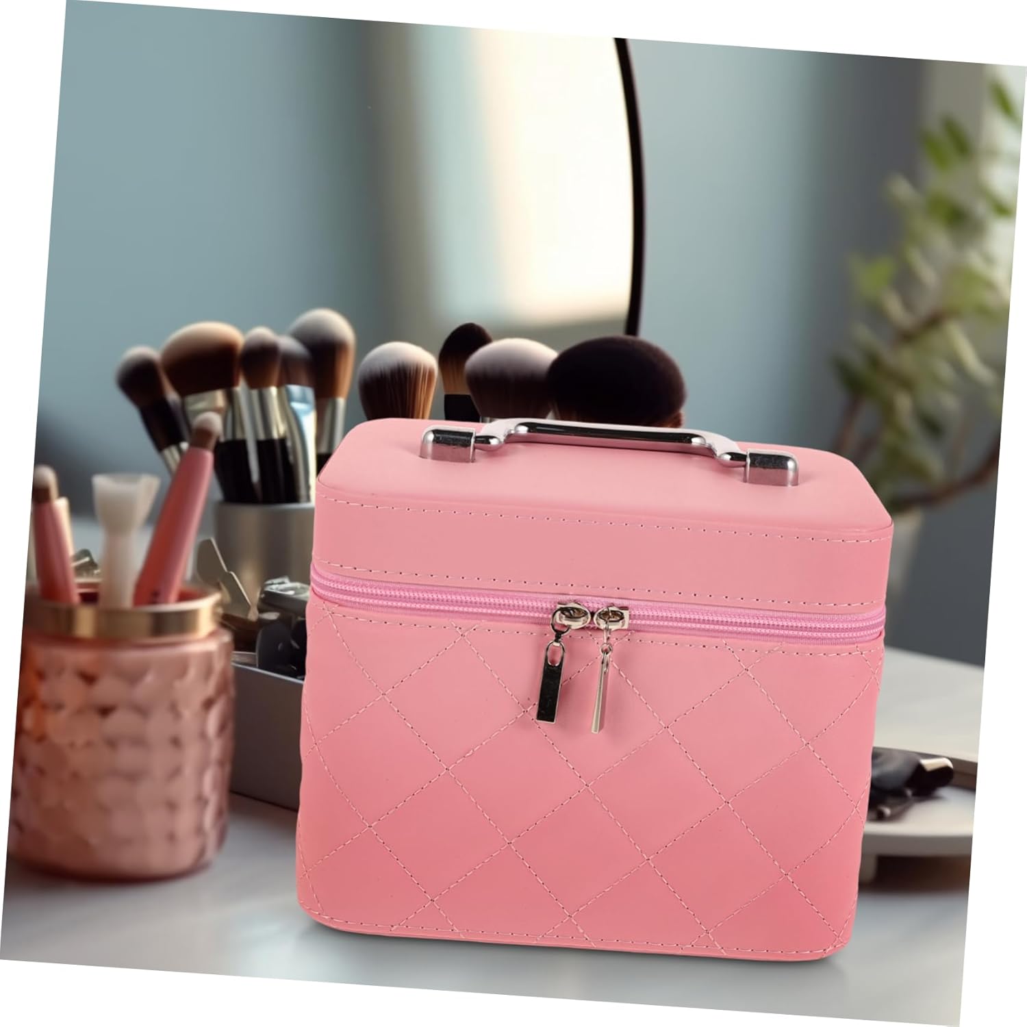 VICASKY Diamond Quilted Makeup Organizer Box Portable Travel Cosmetic Case Mirror Stylish Handheld Makeup Bag for Women for Travel and Professional Use