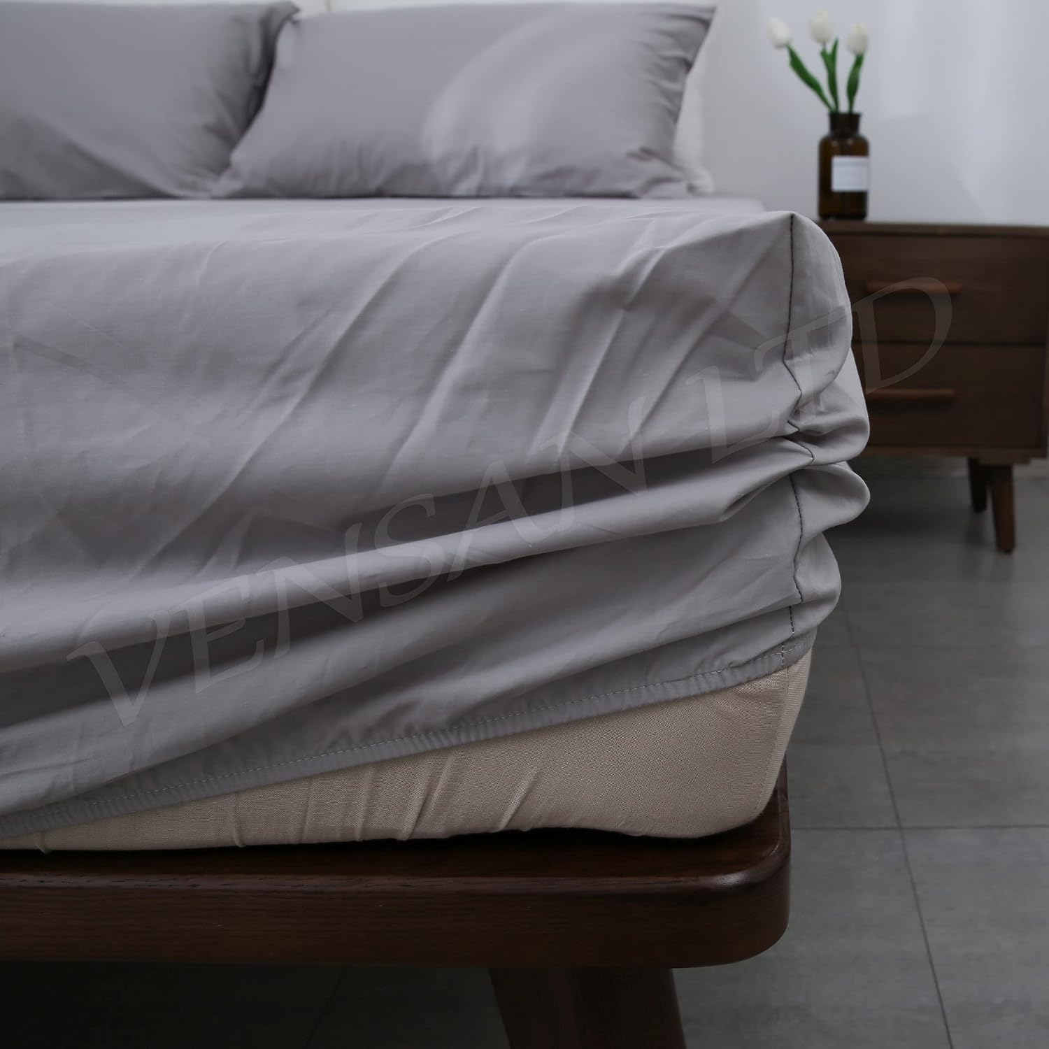 Vensan Fitted Sheet, Size: Double.100% Cotton Satin 300 Thread Count. Silver Grey Solid - Image 5
