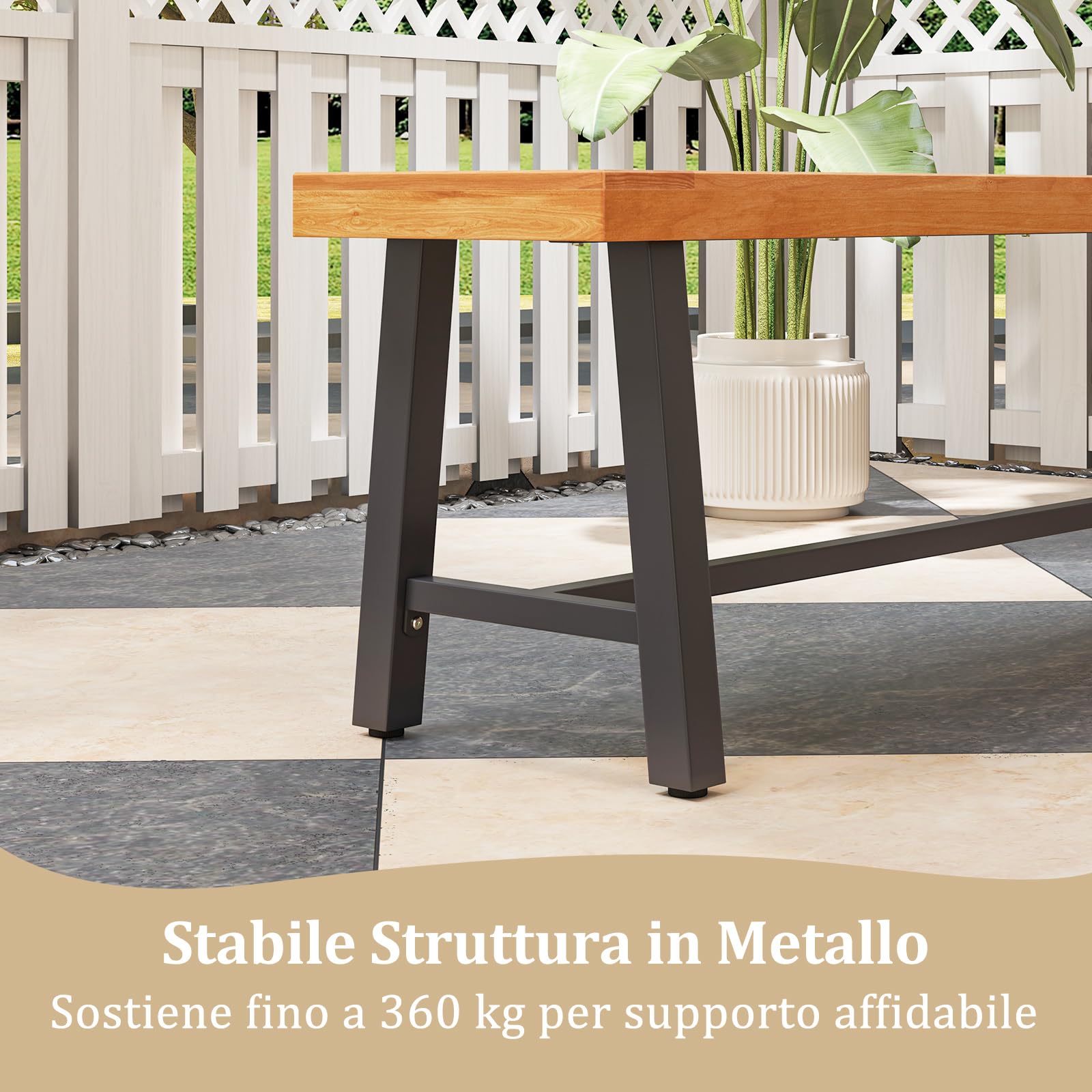 COSTWAY Set di 2 Panchine da Giardino in Legno di Acacia a 3 Posti, Panca da Esterno Senza Schienale con Gambe in Metallo, Panca Capacità di 360 kg per Ingresso, Cortile e Balcone, 160 x 32 x 45 cm