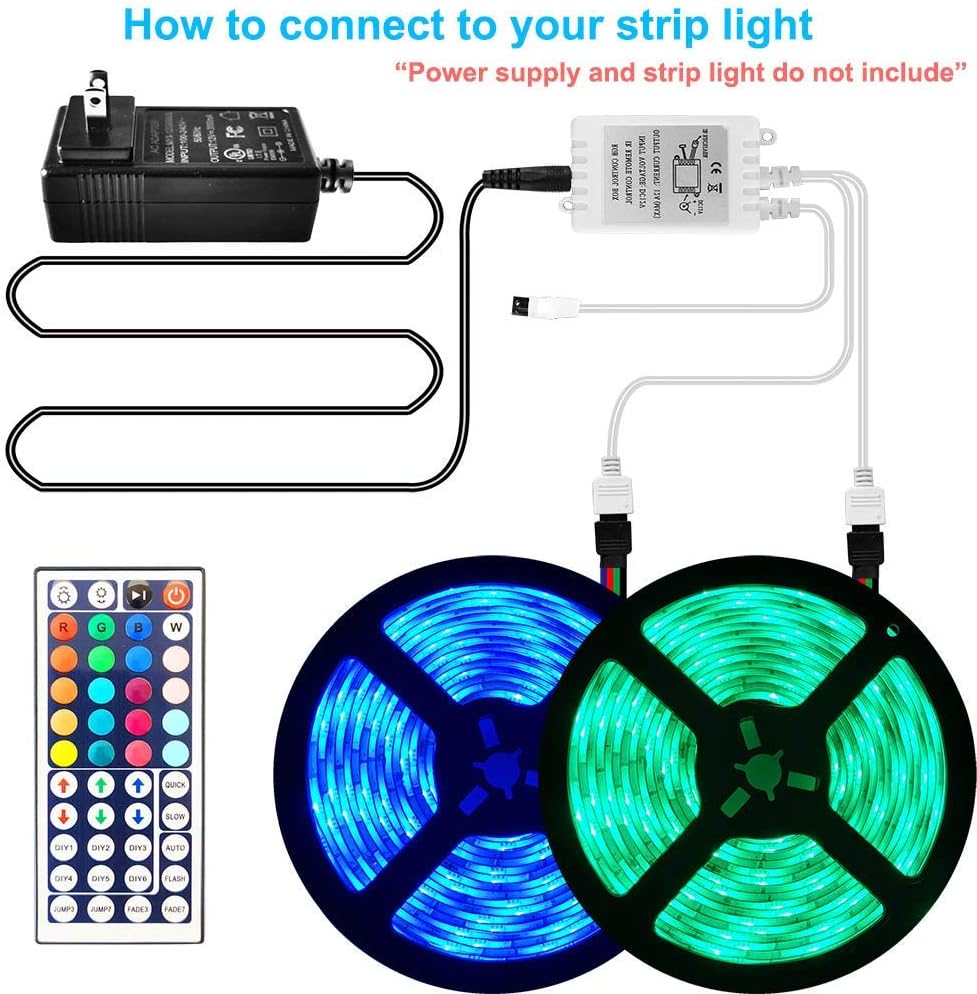 LED Light Remote Control, Walwee 4 Pin 2 Ports RGB Control Box with 44 Keys IR LED Remote Controller Receiver for RGB 5050 3528 LED Strip Lights (Not Include Plug Adapter)