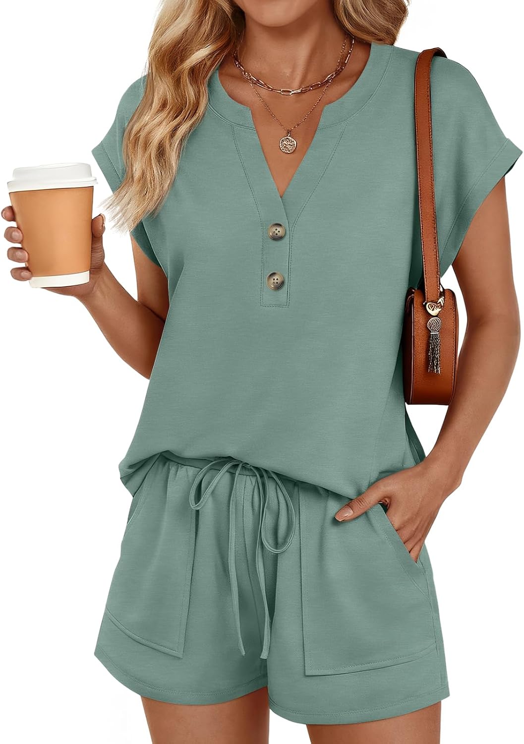 LILLUSORY Womens Henley 2 Piece Short Sets Summer 2026 Lounge Spring Beach Airport Travel Vacation Outfits Matching Sweatsuit